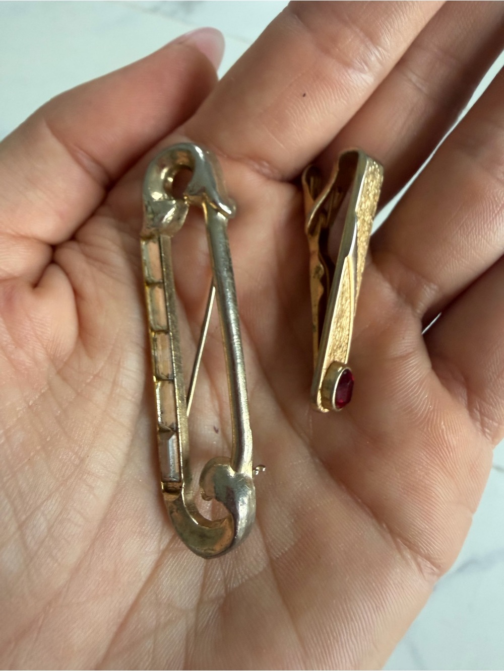 Vintage Gold-Tone Safety Pin and Clip Jewelry Set with Red Accent
